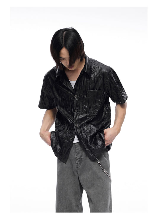 Leather-style pleated short-sleeved shirt