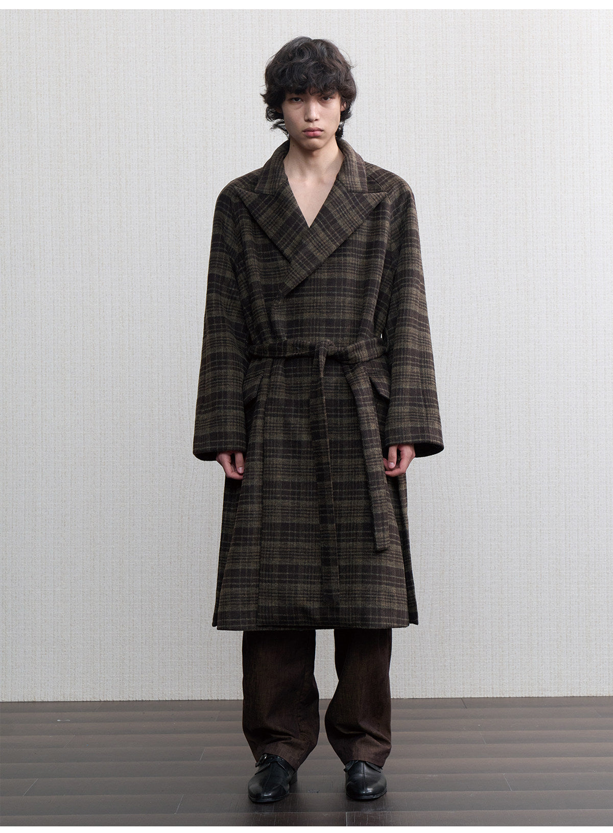 Long Wool Coat with a Check Pattern