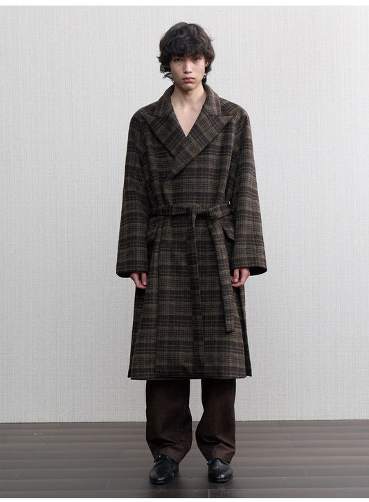 Long Wool Coat with a Check Pattern