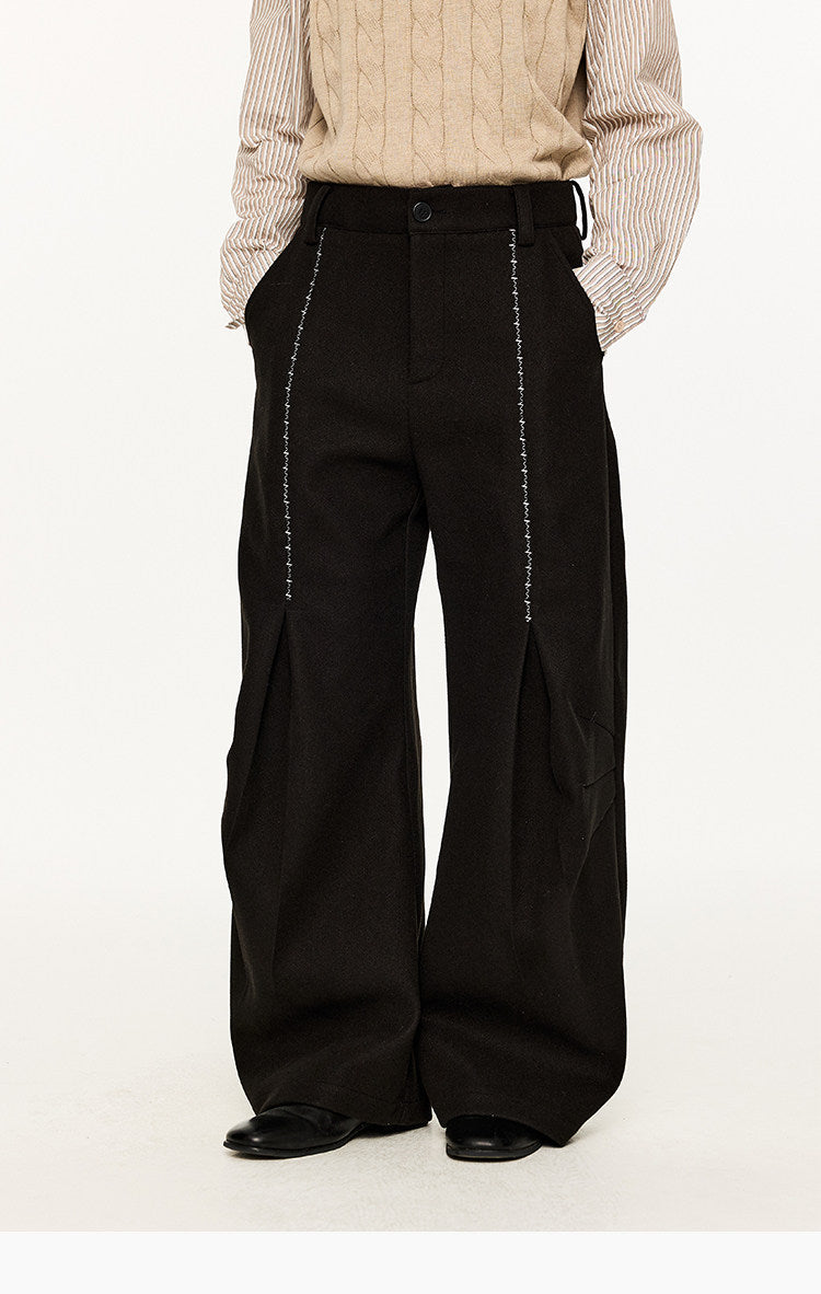 Hand-stitched embroidery wool pants