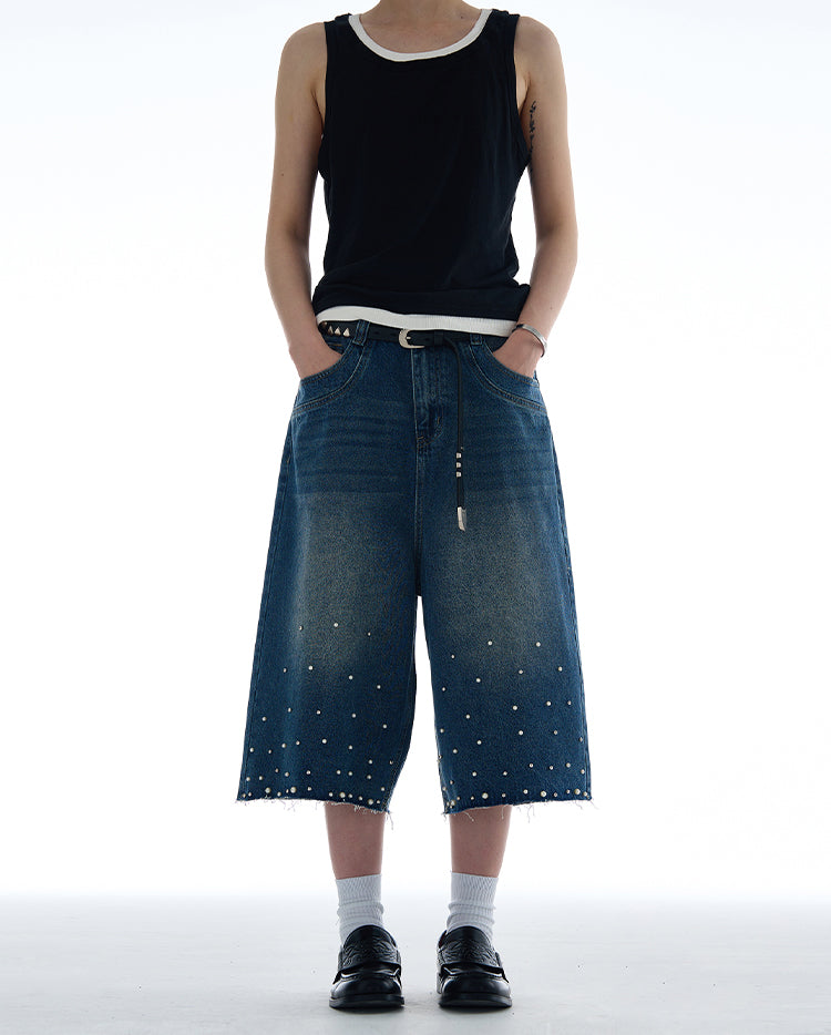 Niche pearl inlay design denim pants