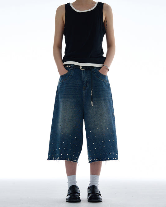 Niche pearl inlay design denim pants