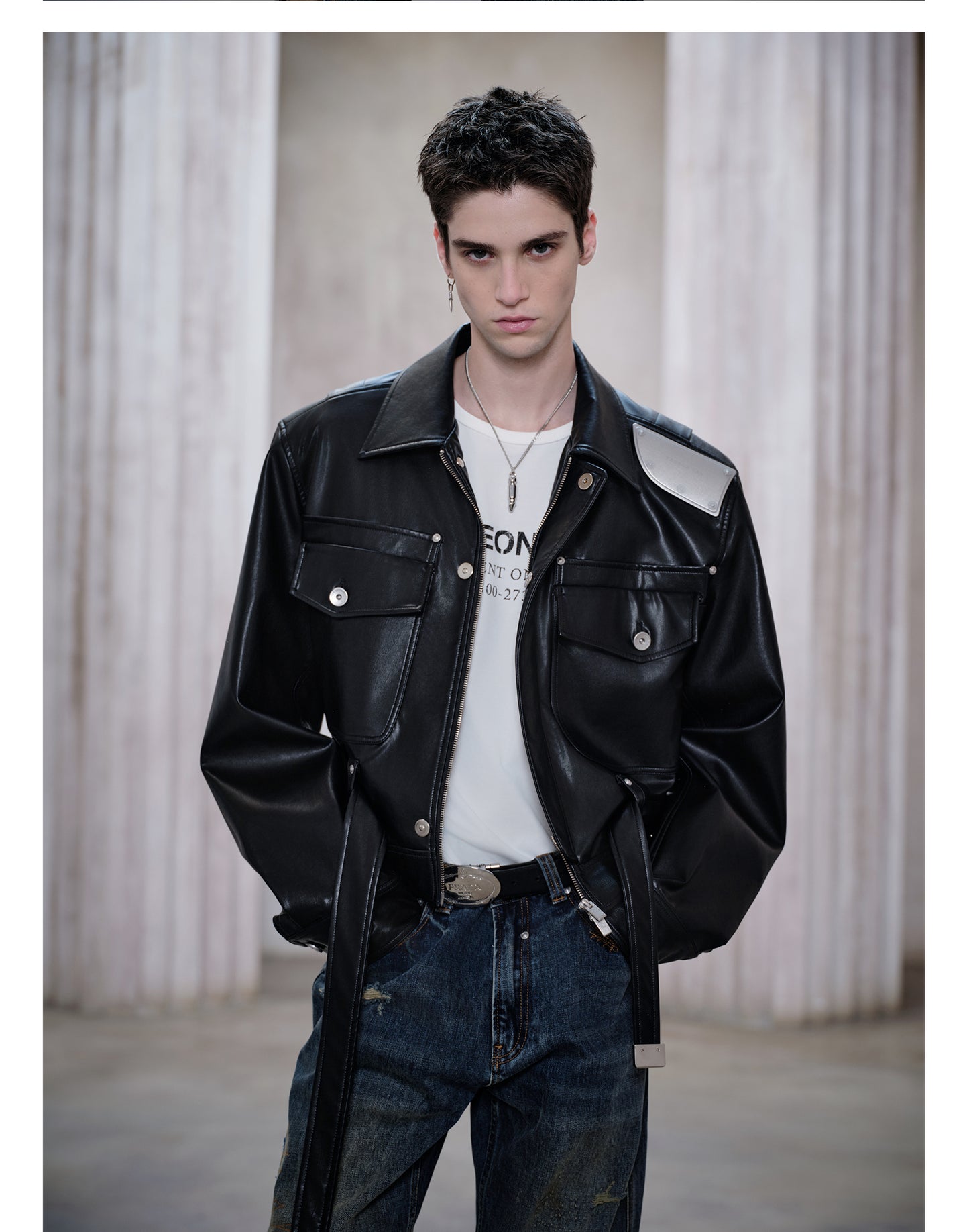 Metal Shoulder Leather Jacket