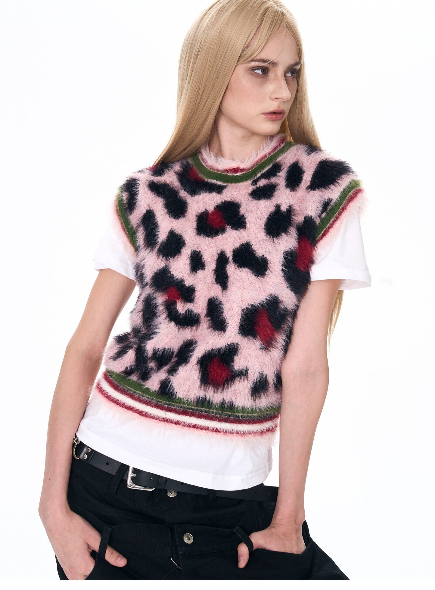 Leopard Print Faux Fur Knit Vest