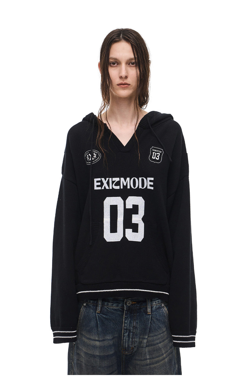 V-Neck Sweater with Embroidered Hood