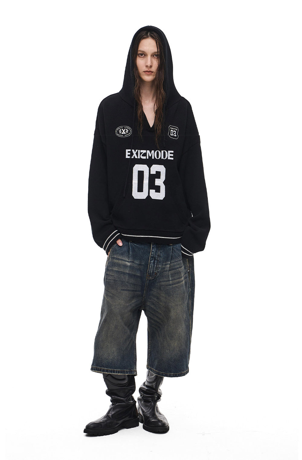 V-Neck Sweater with Embroidered Hood