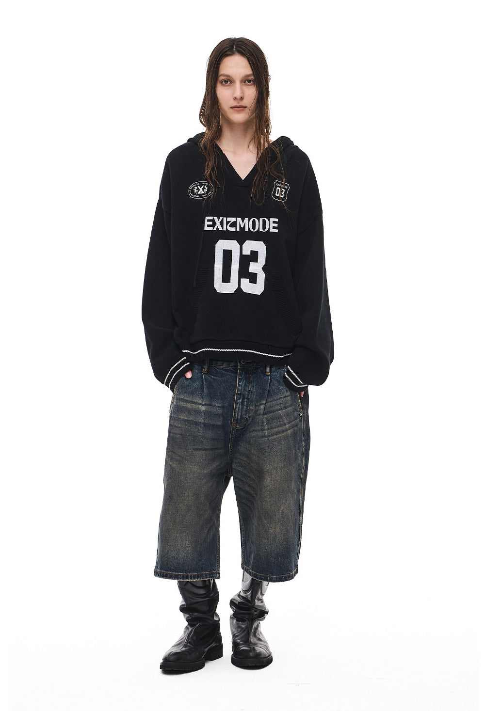 V-Neck Sweater with Embroidered Hood