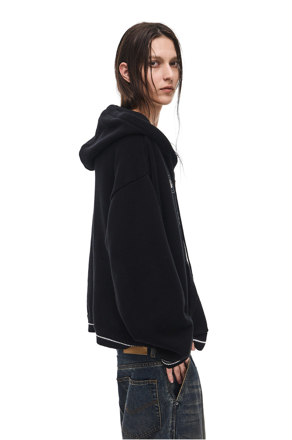 V-Neck Sweater with Embroidered Hood