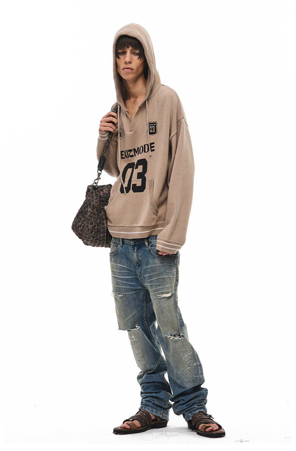 V-Neck Sweater with Embroidered Hood