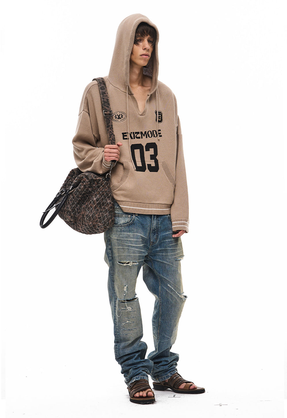 V-Neck Sweater with Embroidered Hood
