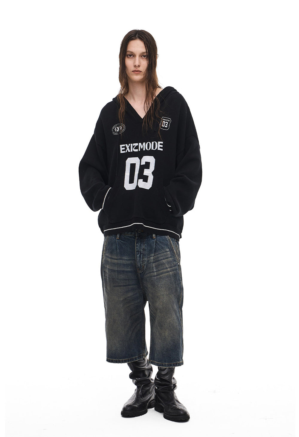 V-Neck Sweater with Embroidered Hood