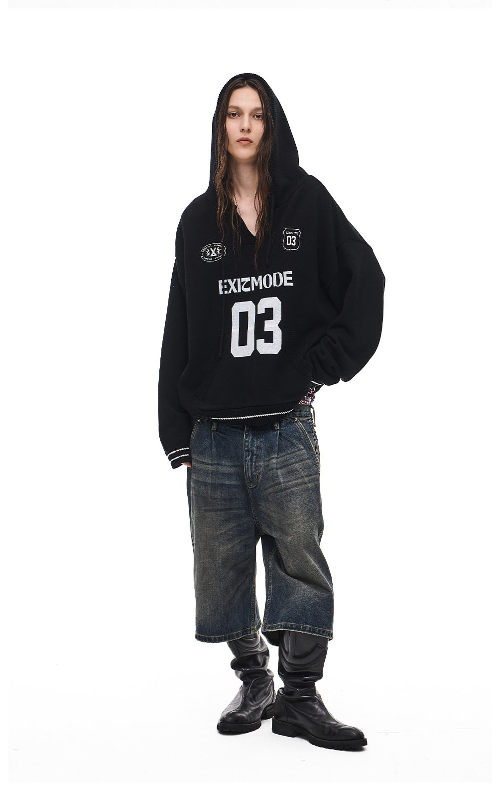 V-Neck Sweater with Embroidered Hood