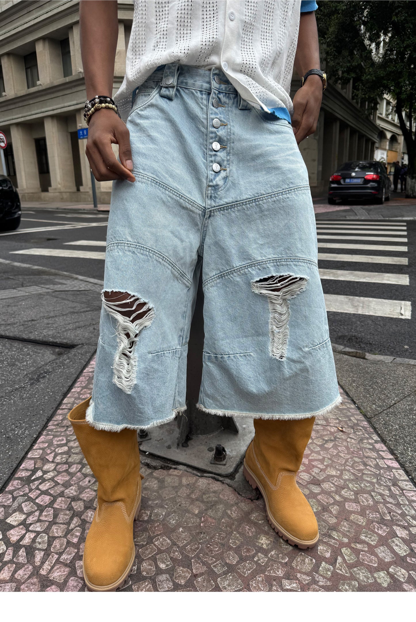 Vintage Whisker-Washed Loose-Fit Denim Shorts