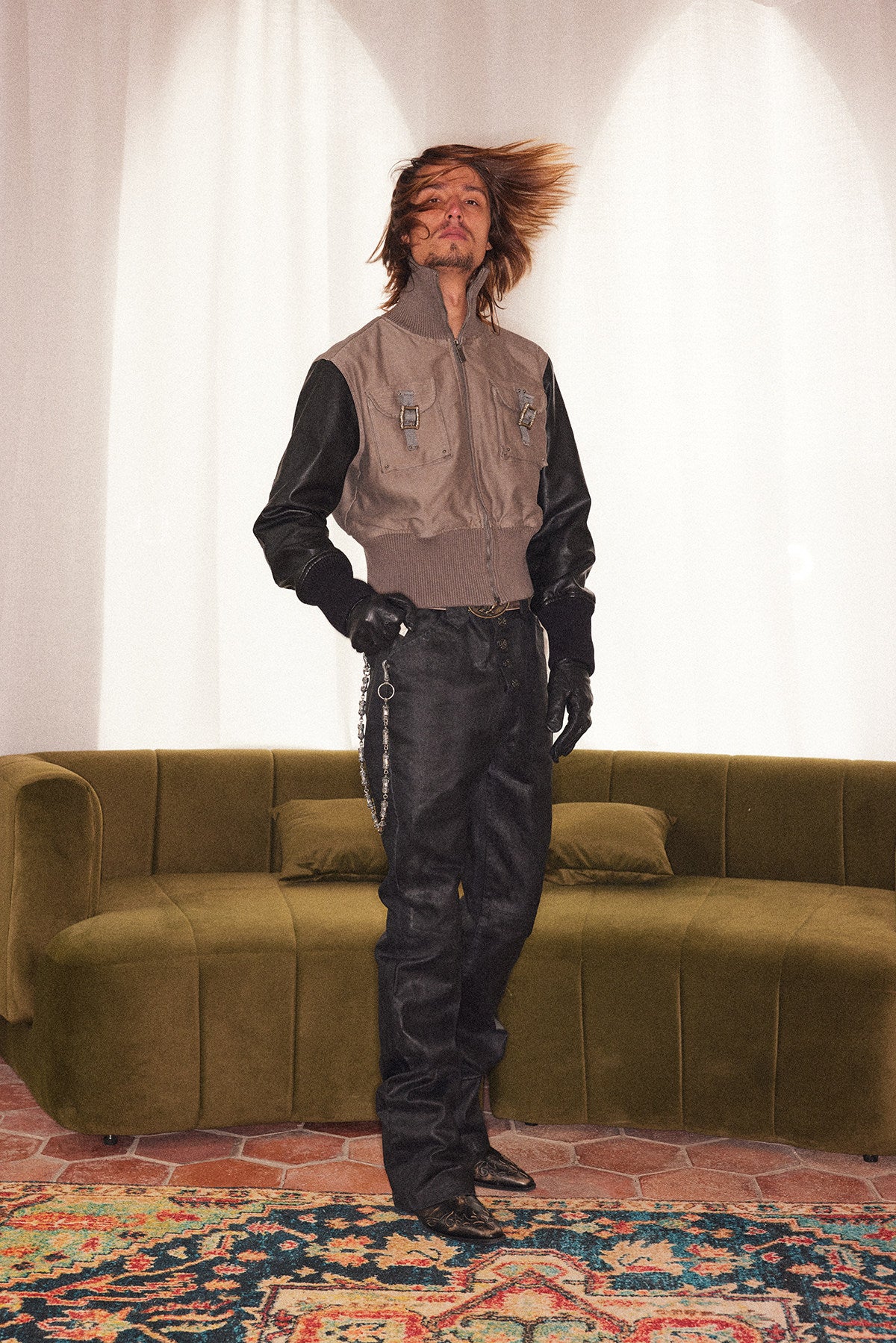 Double-Pocket Ribbed Leather Sleeve Jacket