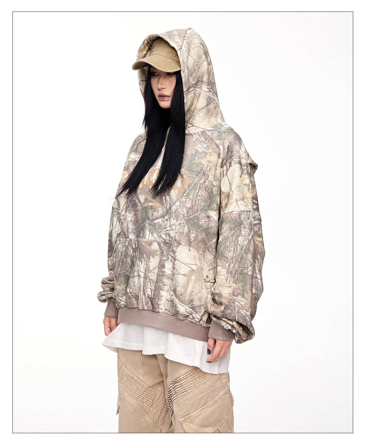 Hooded sweatshirt with camouflage branch pattern