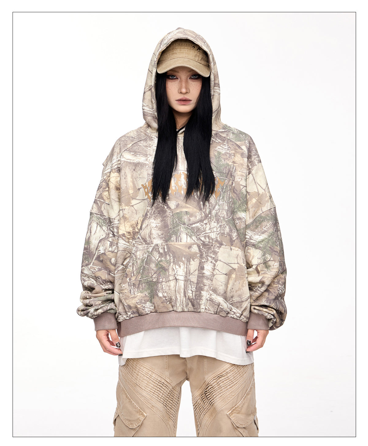 Hooded sweatshirt with camouflage branch pattern