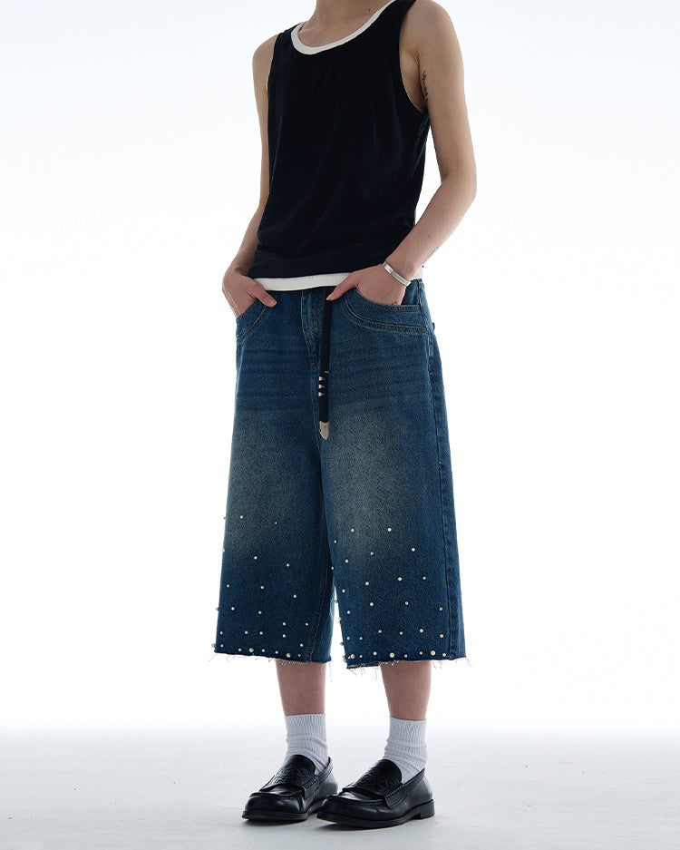 Niche pearl inlay design denim pants