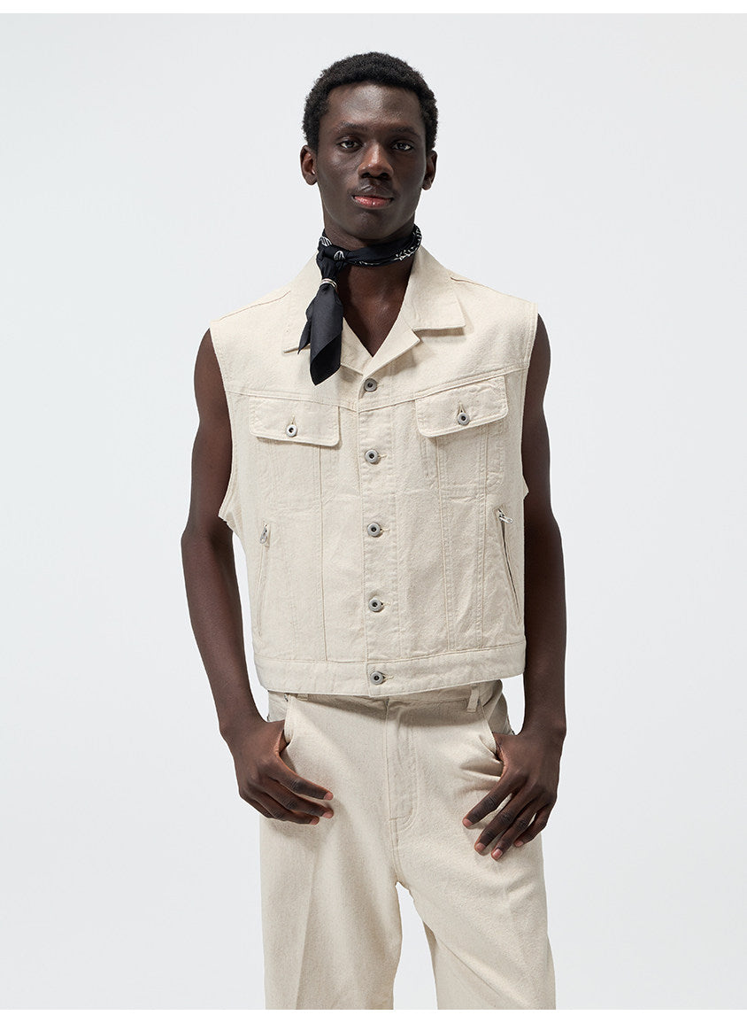 Cuban-Collar Short Denim Vest
