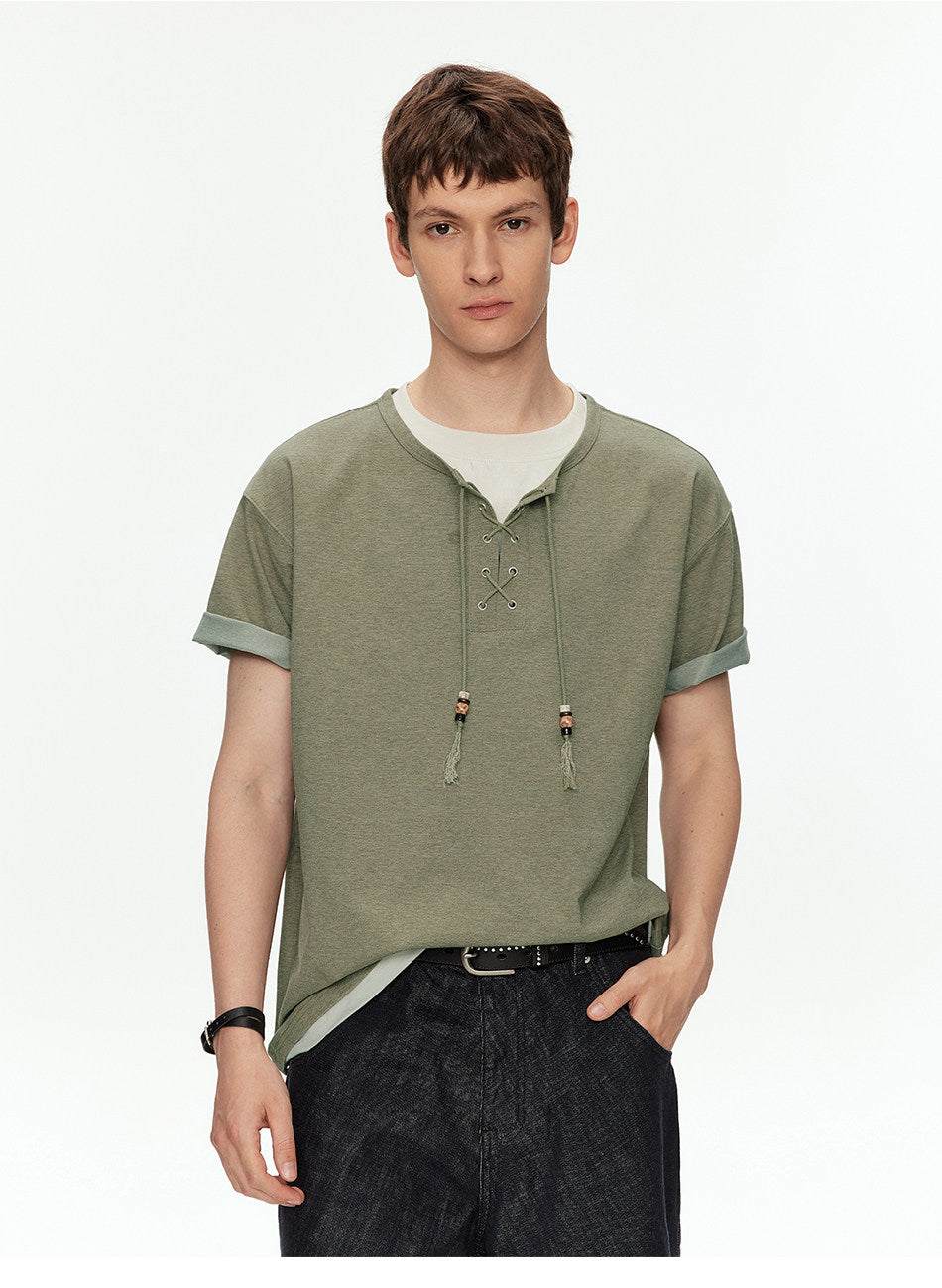 Off-Shoulder Fake Two-Piece T-Shirt with Beads