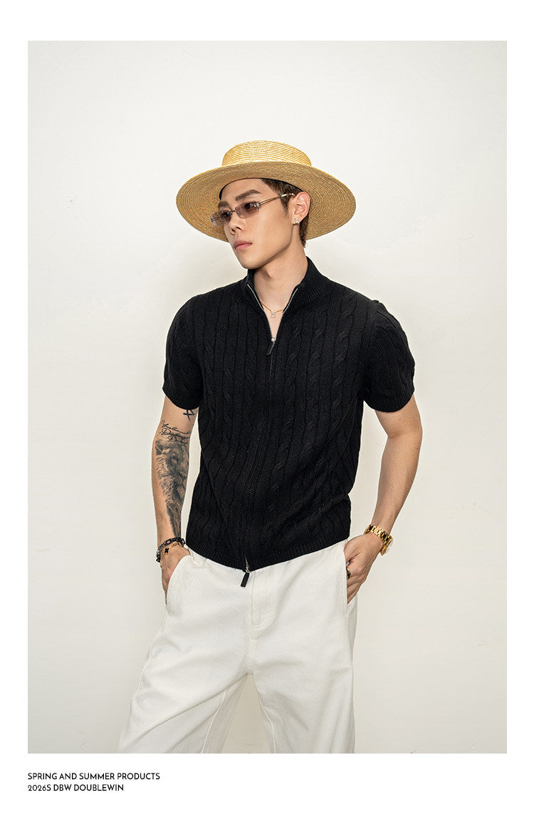 High-neck cable-knit shirt
