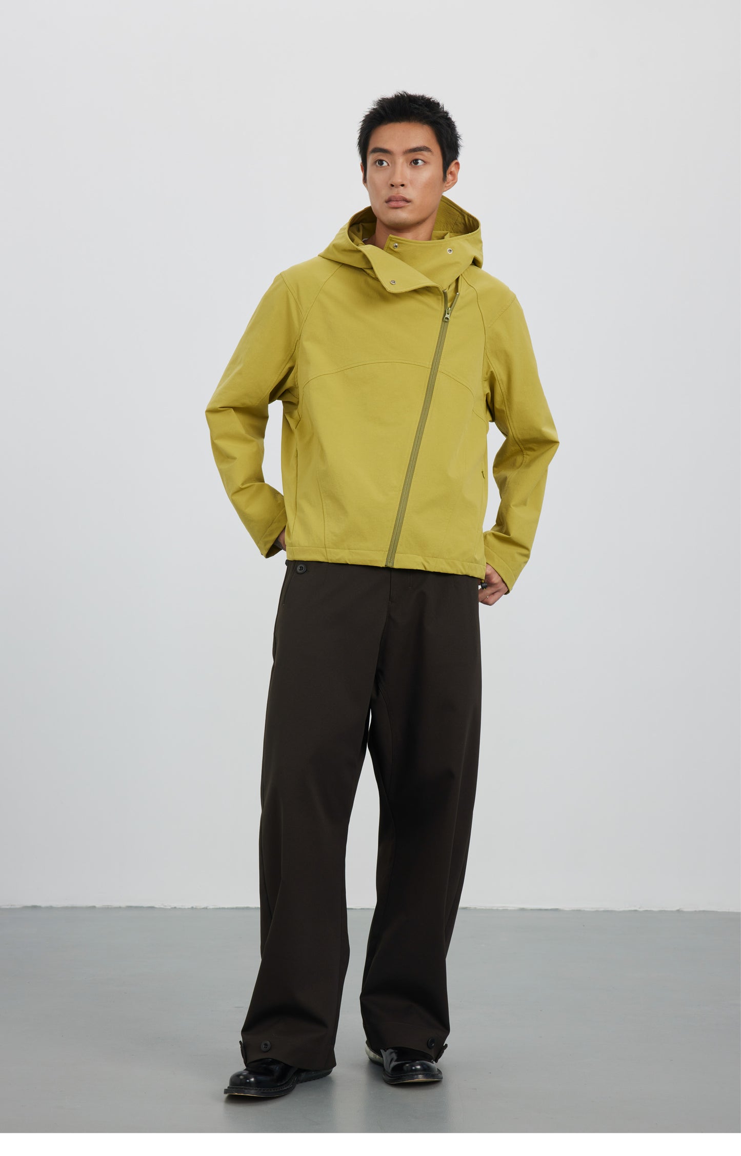 Diagonal Placket High Collar Hooded Jacket