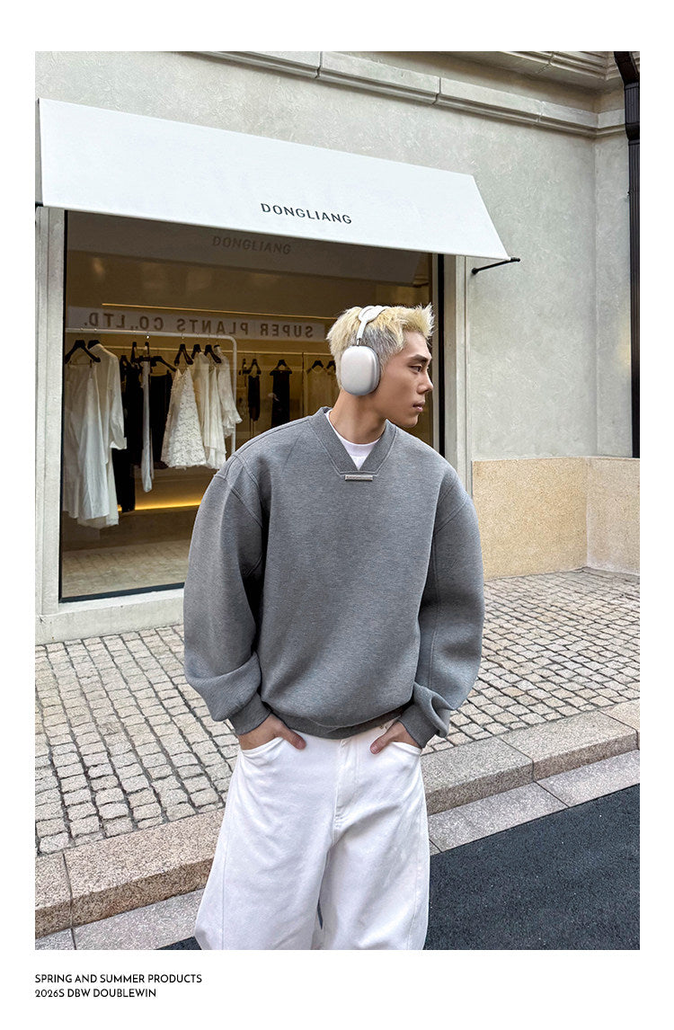 Wide-Shoulder Airy V-Neck Sweatshirt