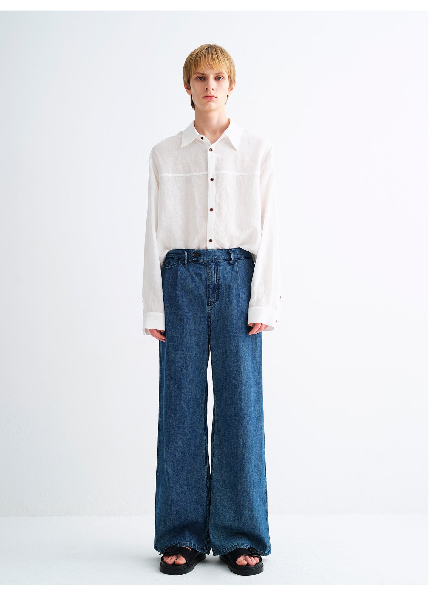 Wash-Finish Wide-Leg Denim Pants