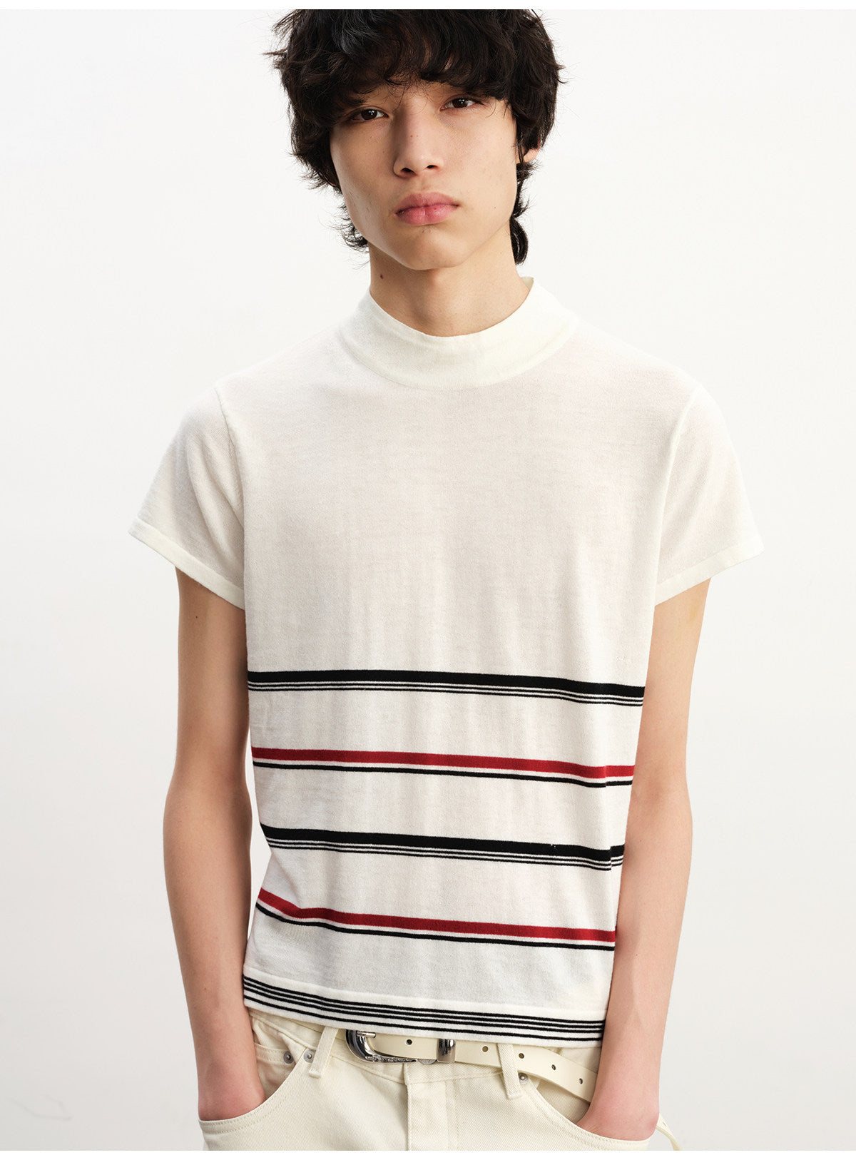 Striped High-Neck Knit T-Shirt