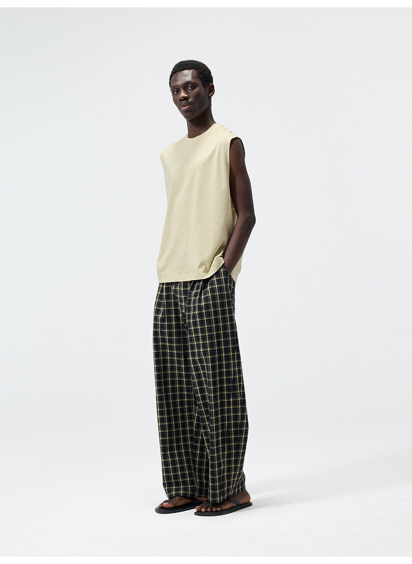 Yarn-Dyed Chiffon Check-Patterned Casual Pants