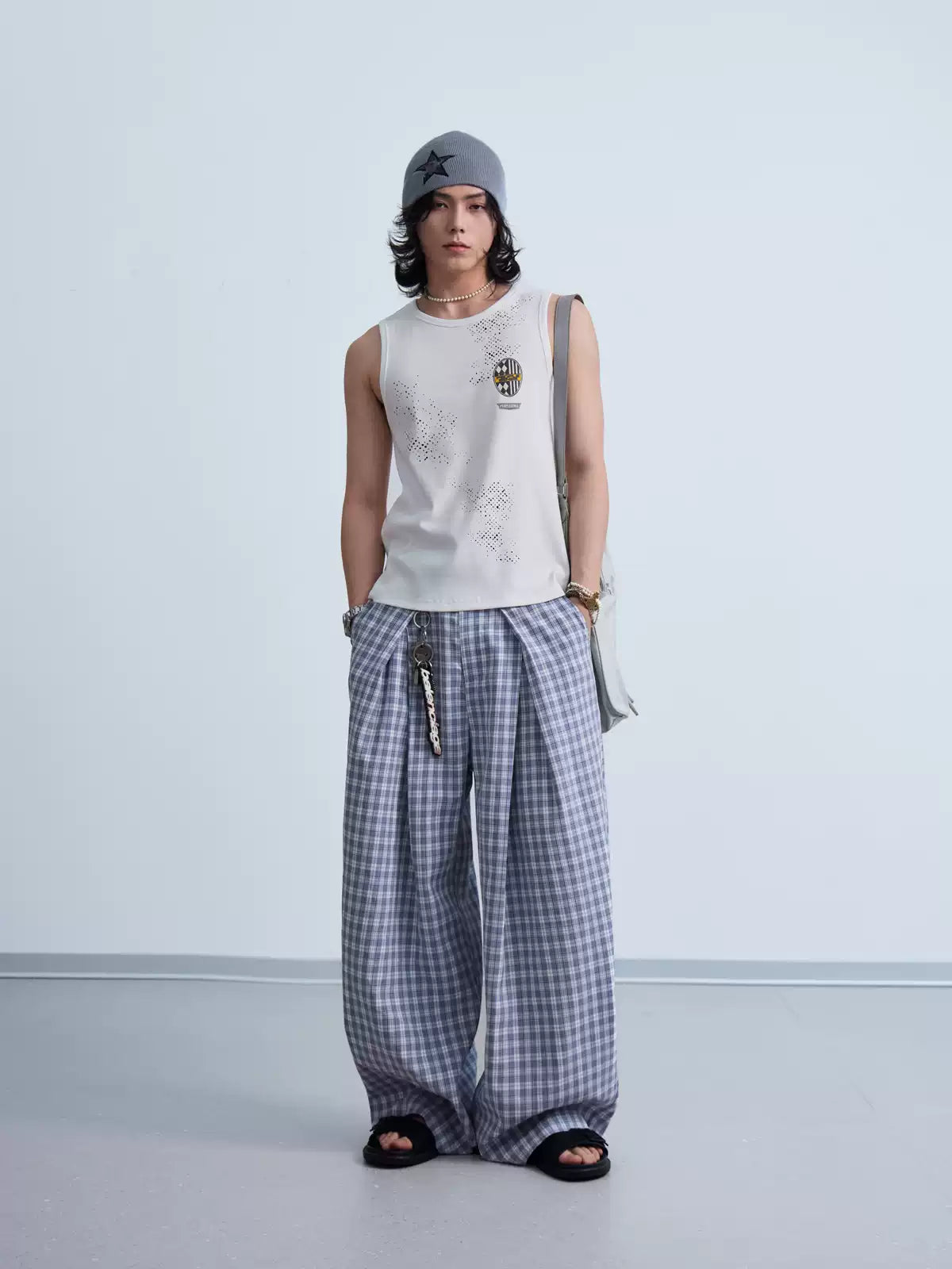 Checked wide-leg casual pants