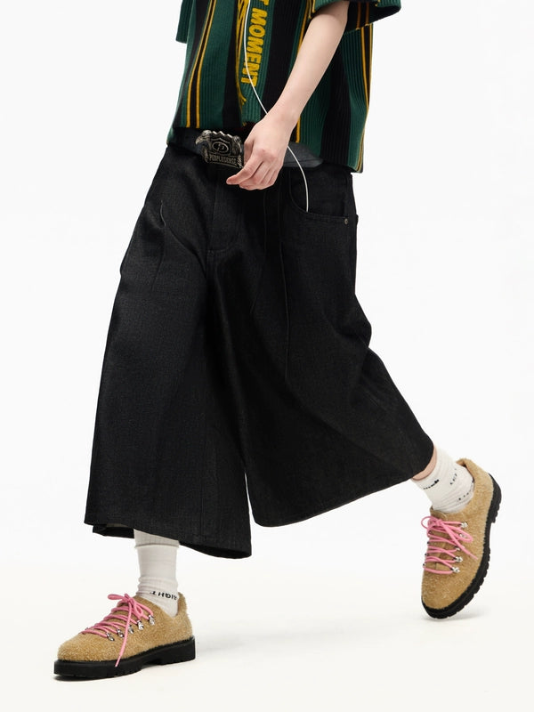 Pleated-Design Street-Style Loose-Fit Denim Shorts