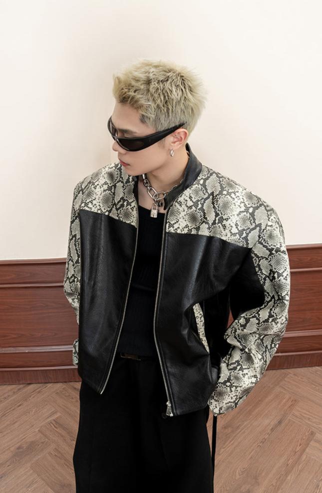 Snakeskin Patterned Scimitar Sleeve PU Leather Jacket