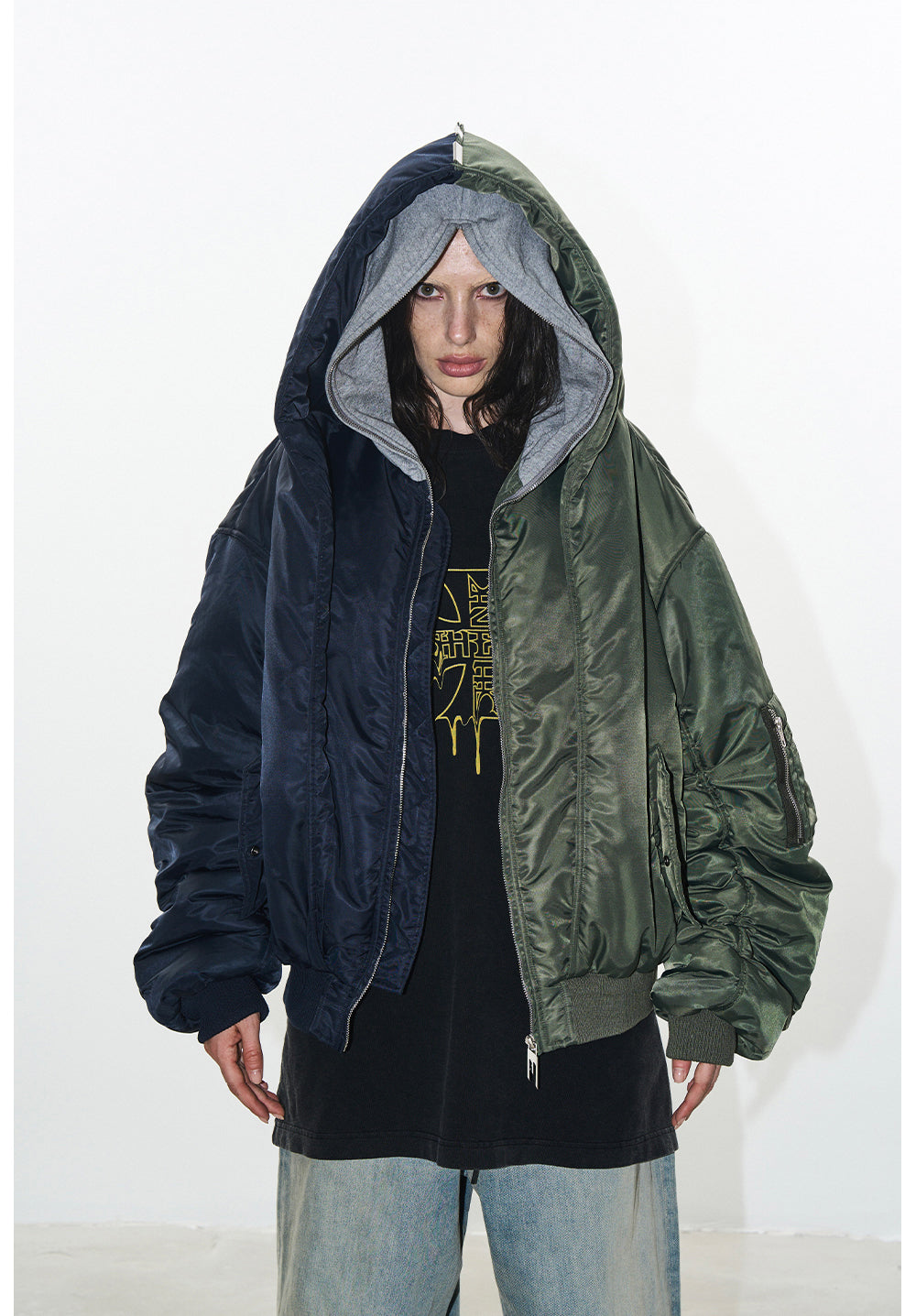 Contrast Color Loose Jacket with Hood