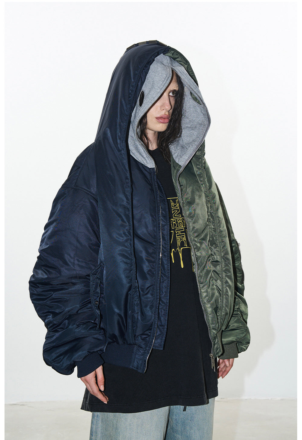 Contrast Color Loose Jacket with Hood