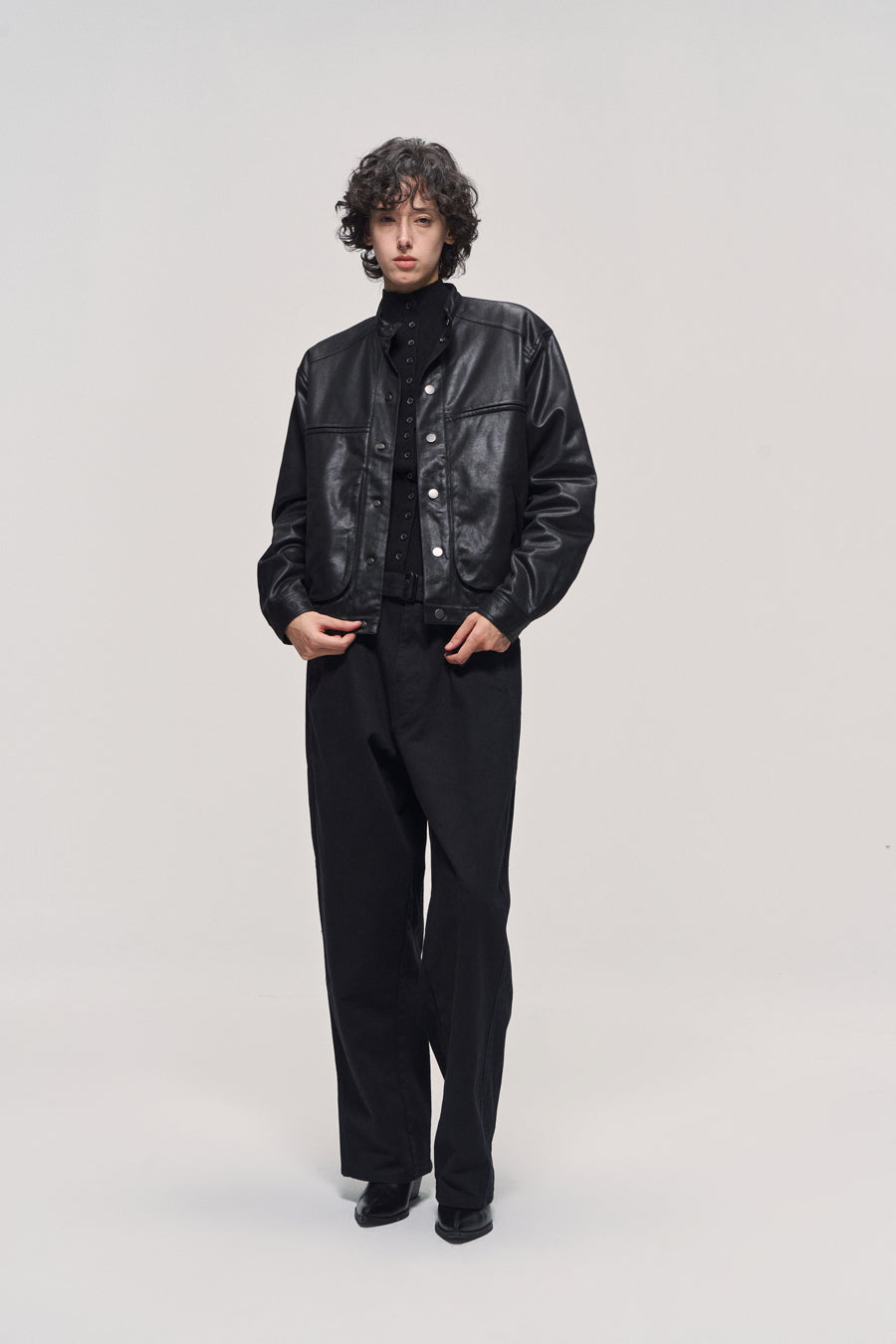 Stand collar leather jacket