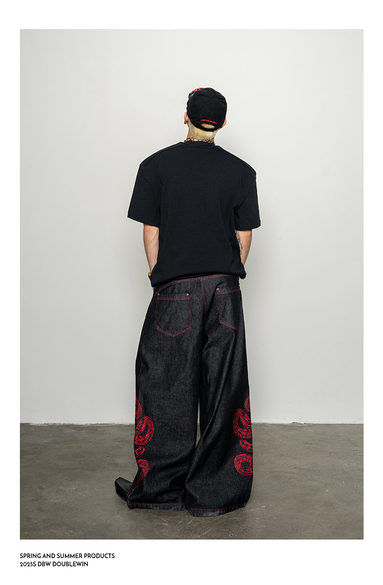 Red Snake Denim Pants