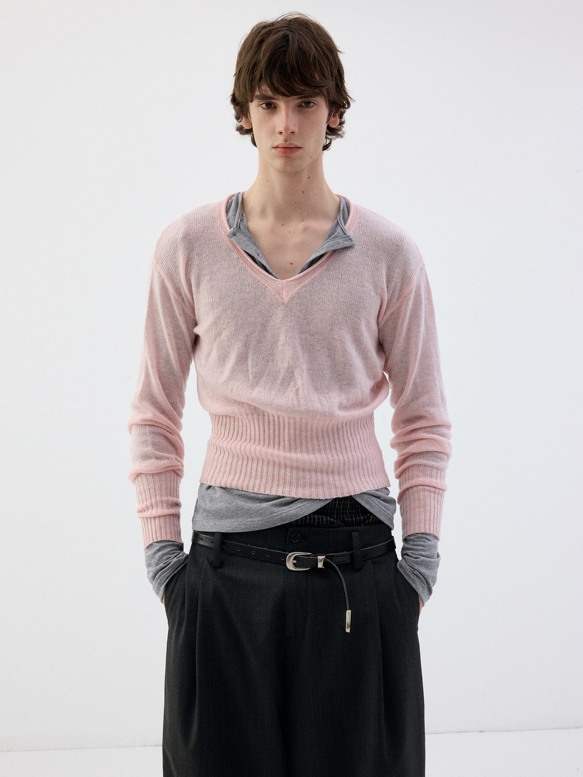 Wool Roll-Sleeve V-Neck Sweater