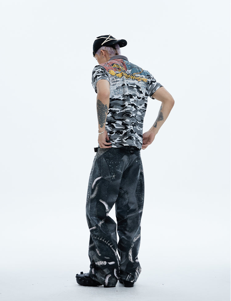 Oddly shaped pipe digital print Jeans