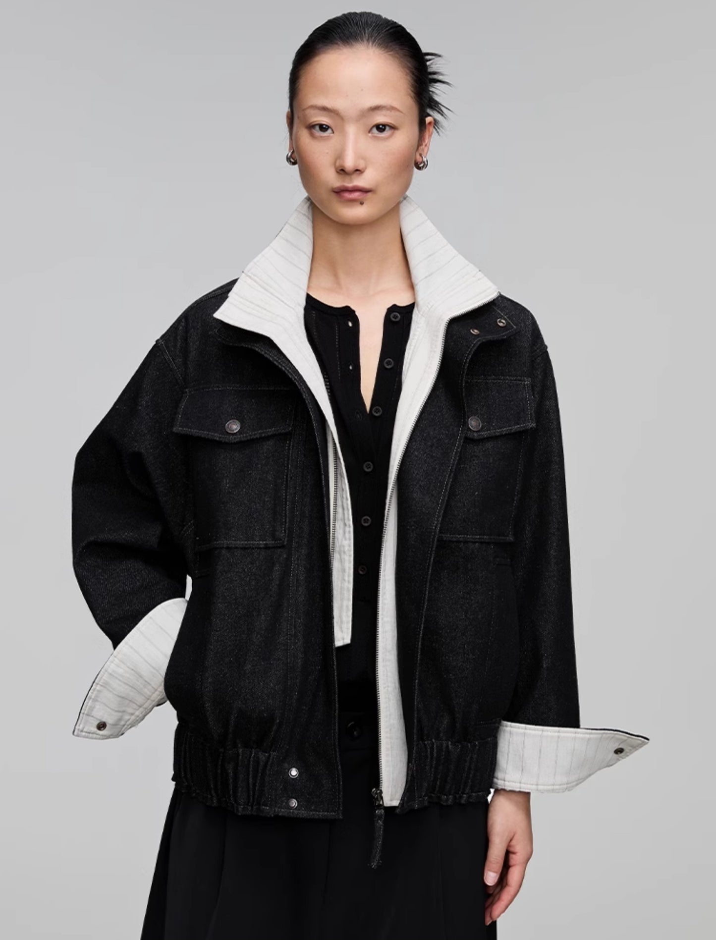 Stand collar patch pocket denim jacket