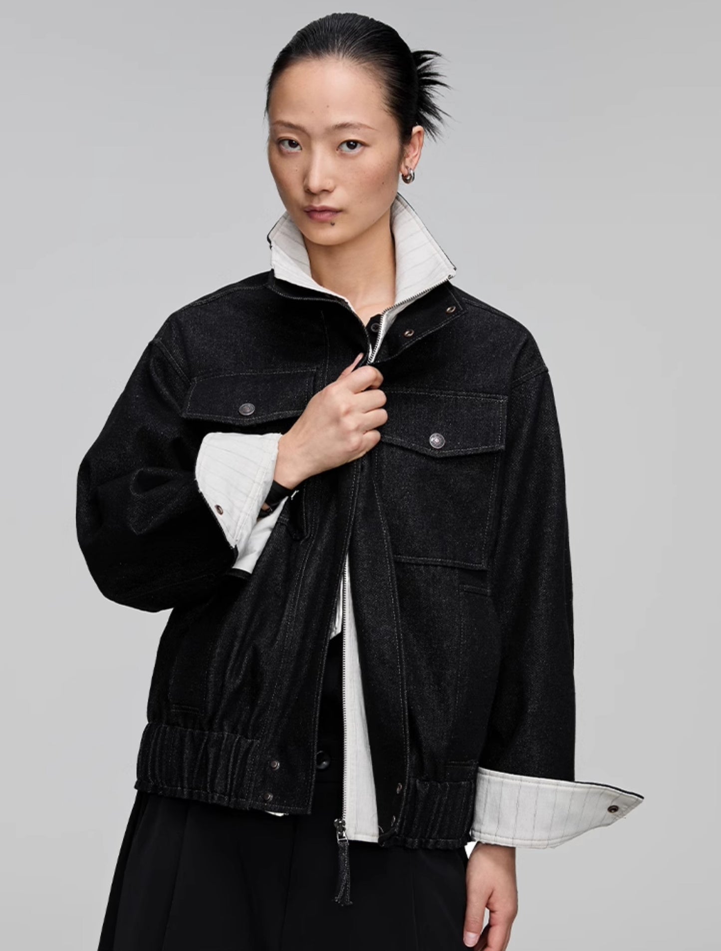 Stand collar patch pocket denim jacket