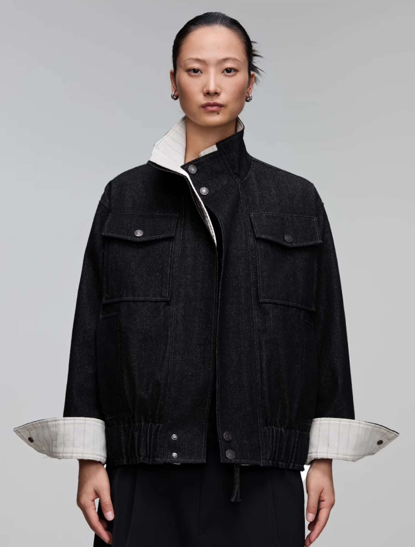 Stand collar patch pocket denim jacket