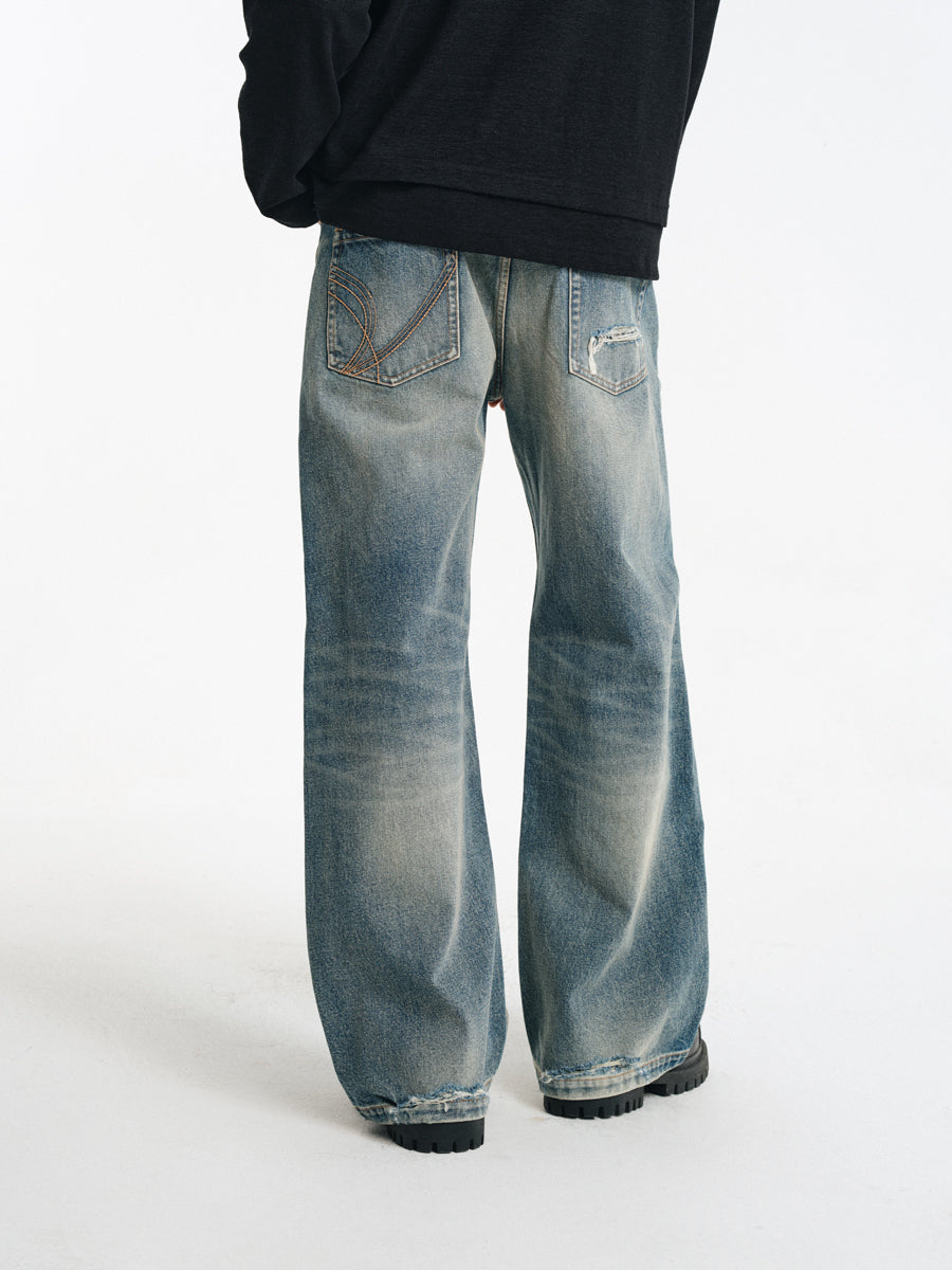 Hand Stitched Ripped Slim Straight Jeans