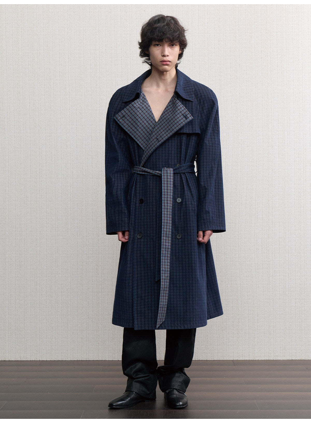 Check-Patterned Raglan-Sleeve Trench Coat