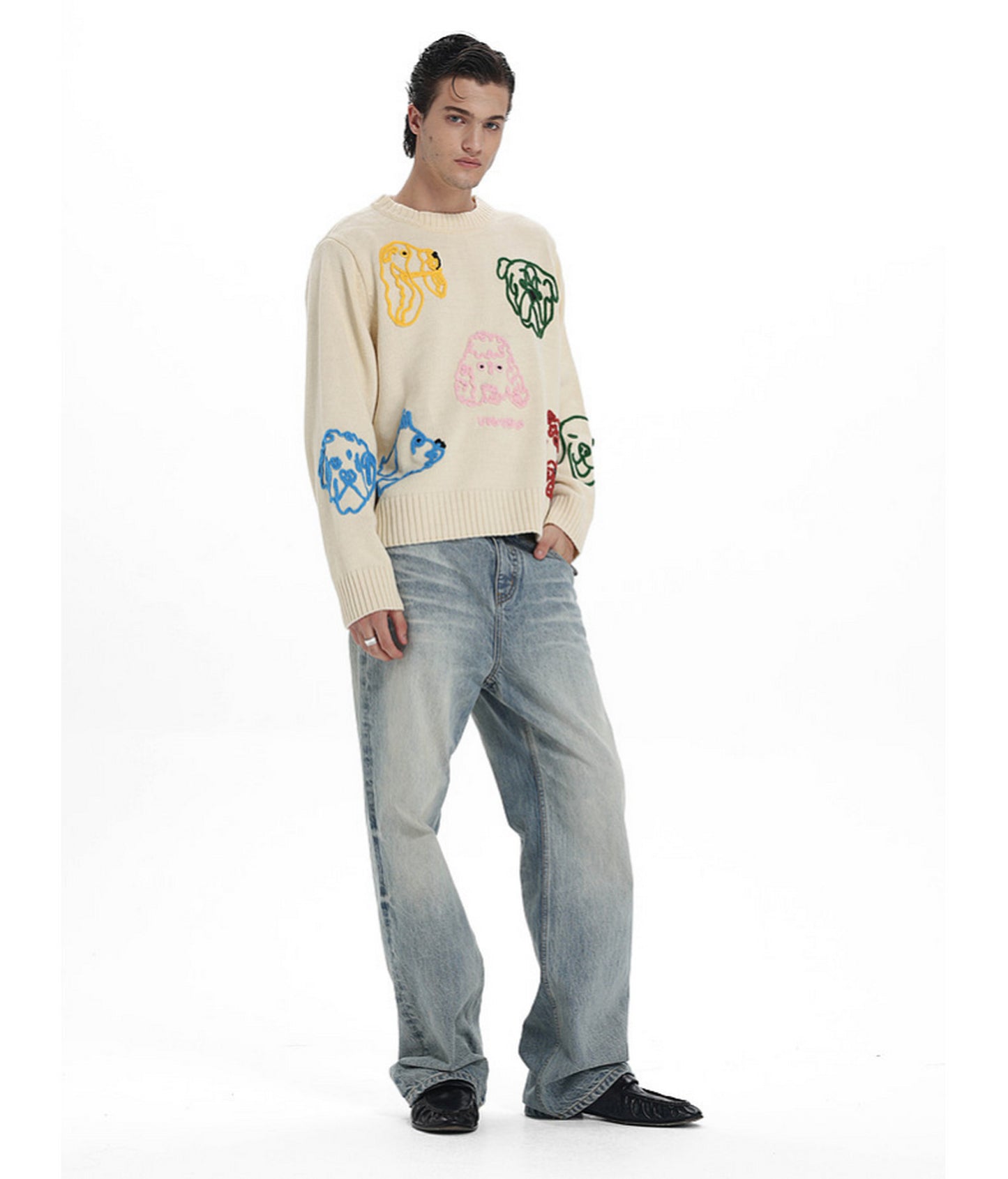 Hand-Knitted Floral-Print Round-Neck Sweater