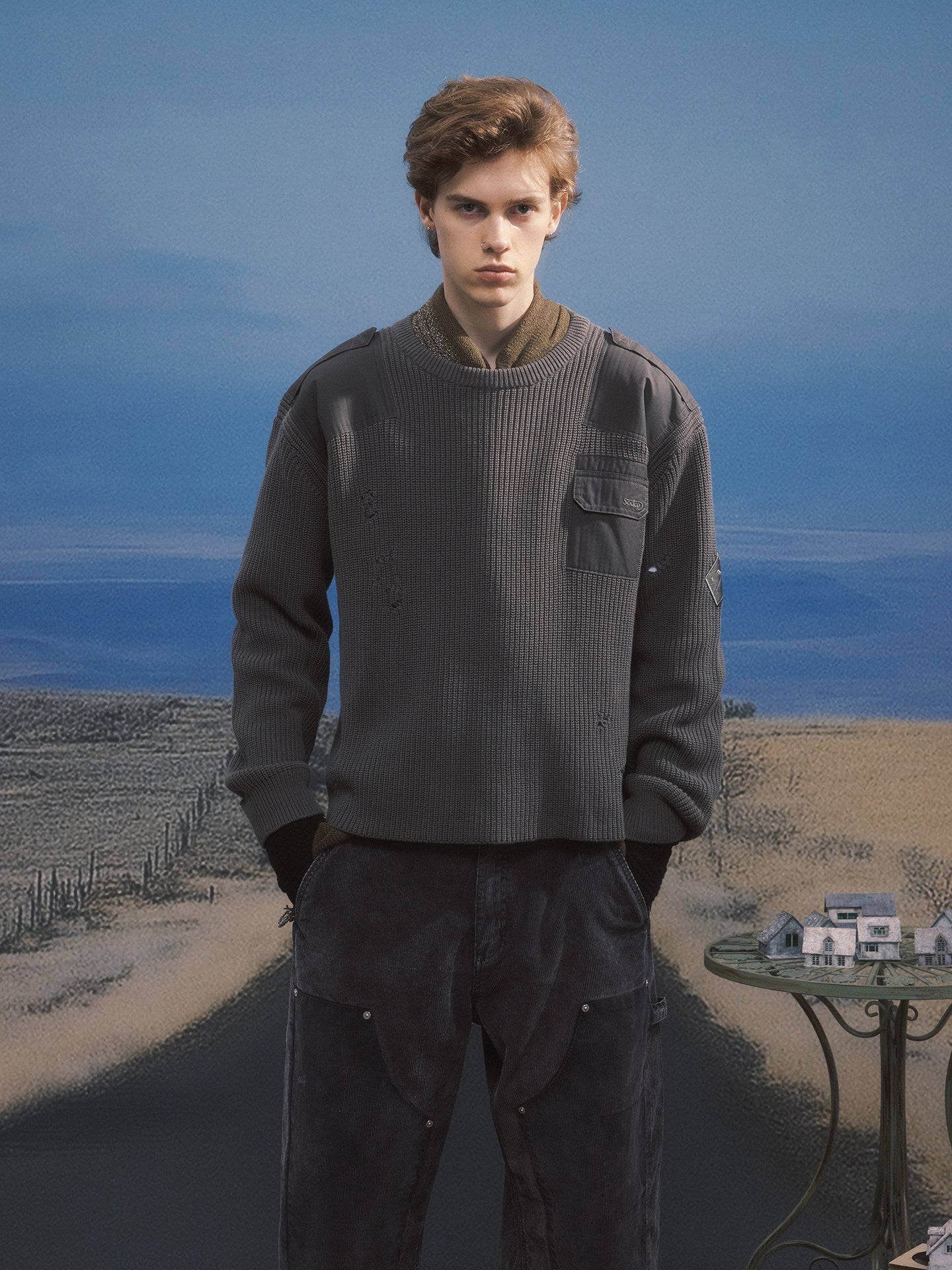 Vintage Wide Crew Neck Embroidered Knit