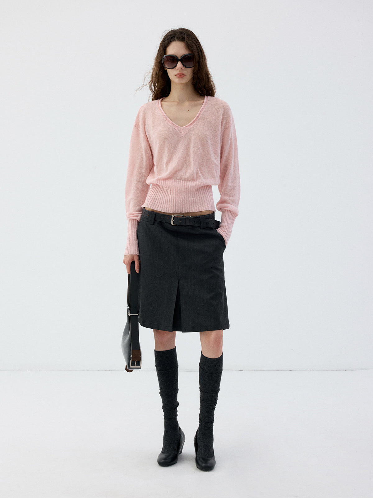 Wool Roll-Sleeve V-Neck Sweater
