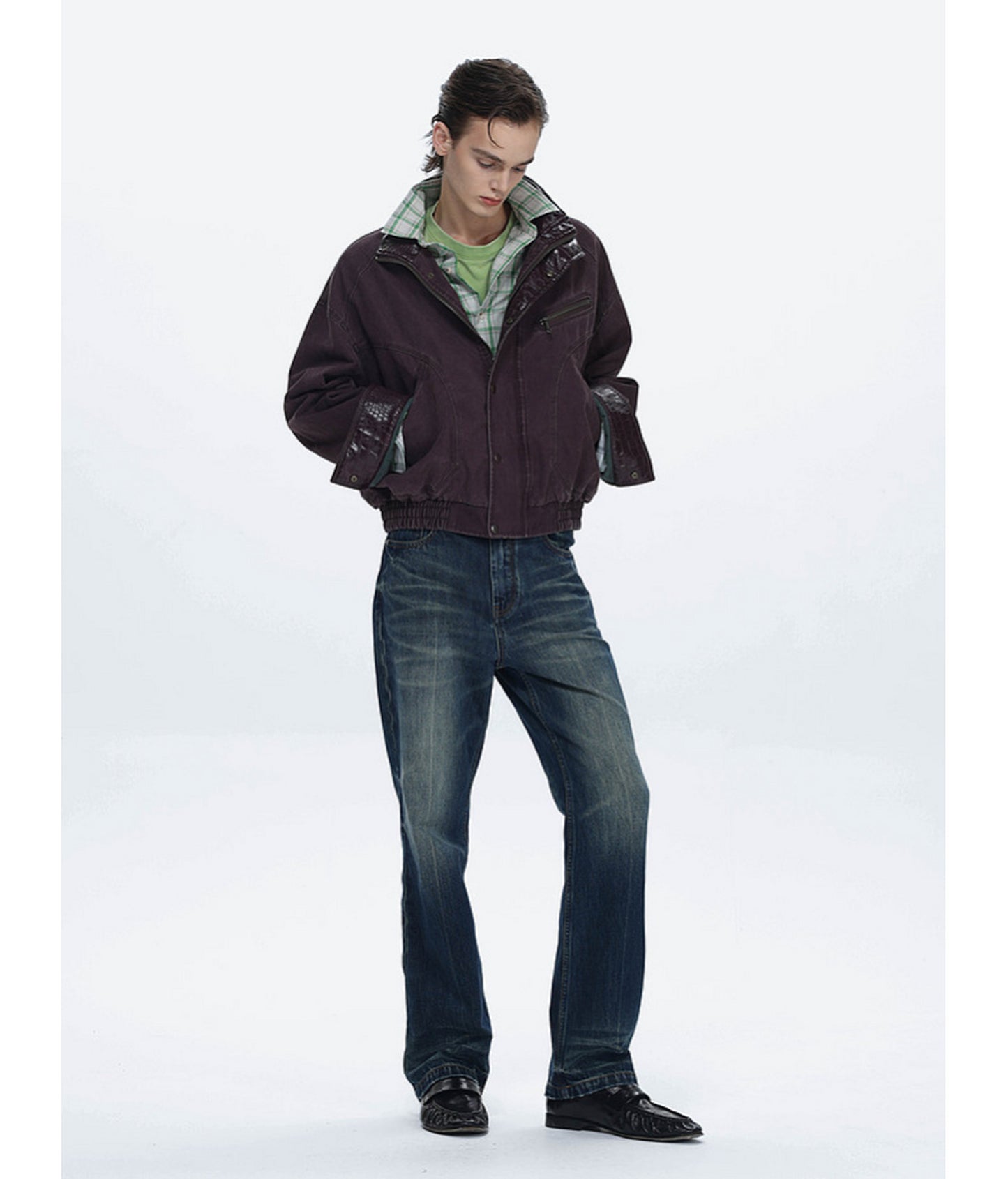Faux Crocodile Leather Stand-Up Collar Jacket