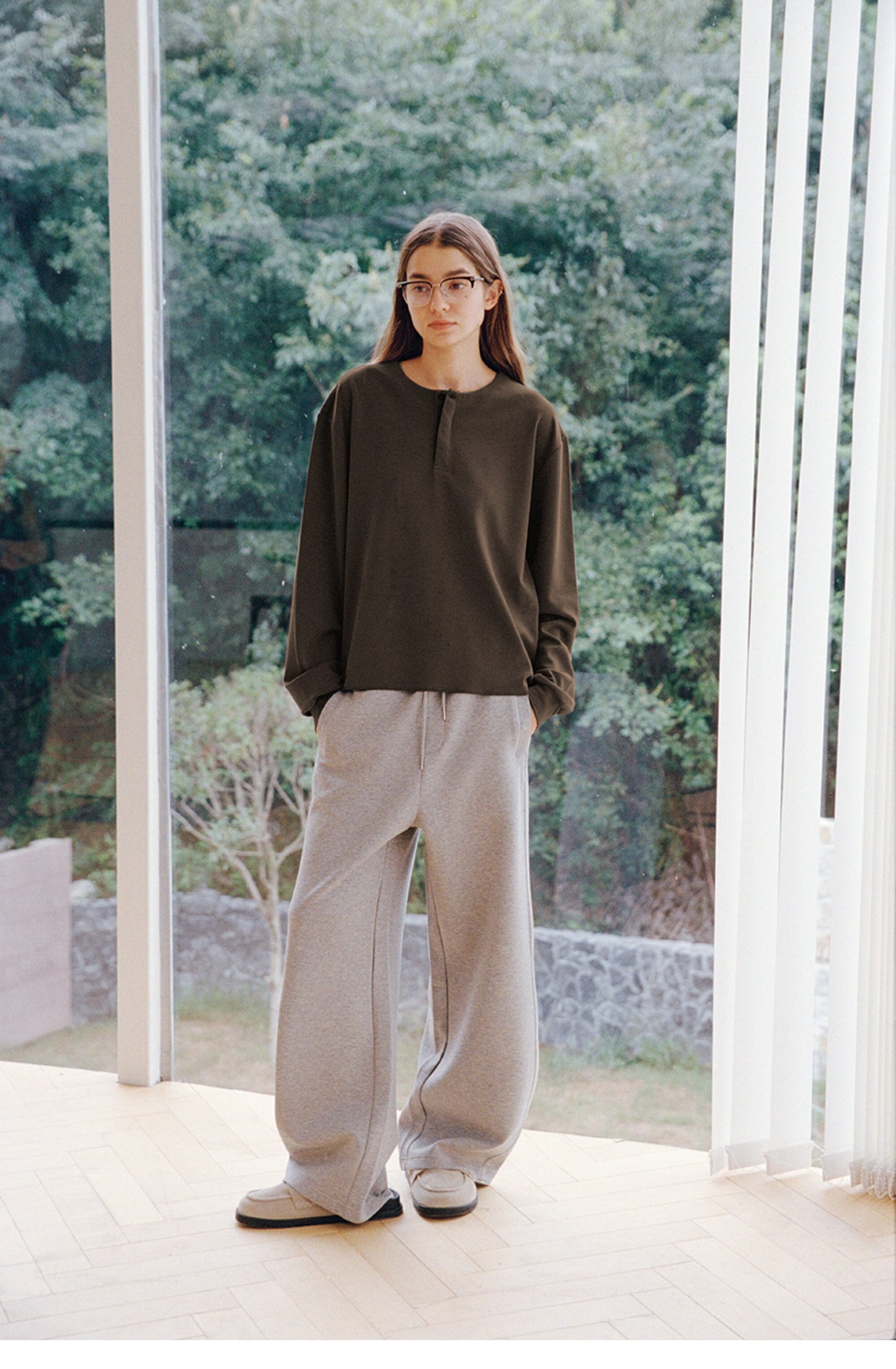 Single-button henley-neck T-shirt