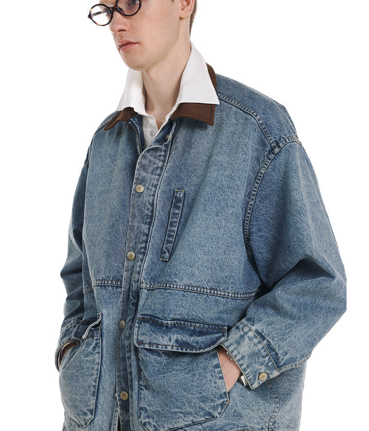 Vintage Denim Jacket with Washed Suede Collar