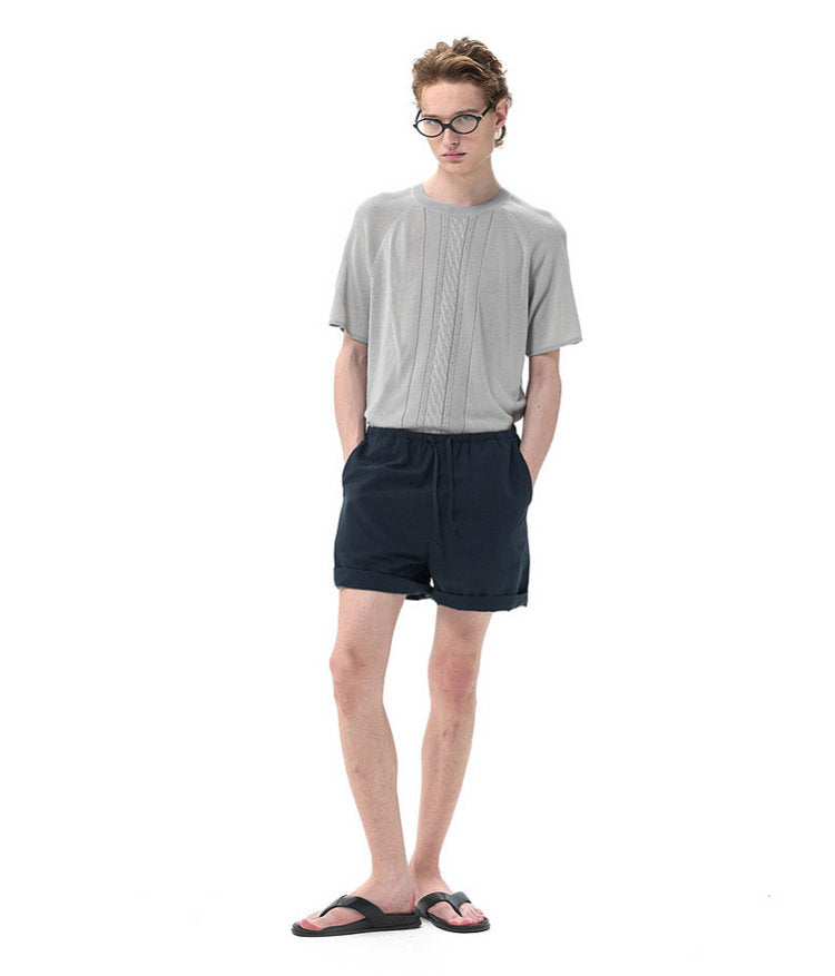 Linen-Lyocell Blend Openwork Knit Shirt